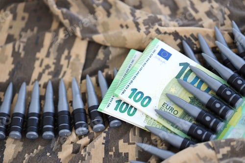 Preview: Bundles of euro bills and a machine gun belt on the camouflage uniform