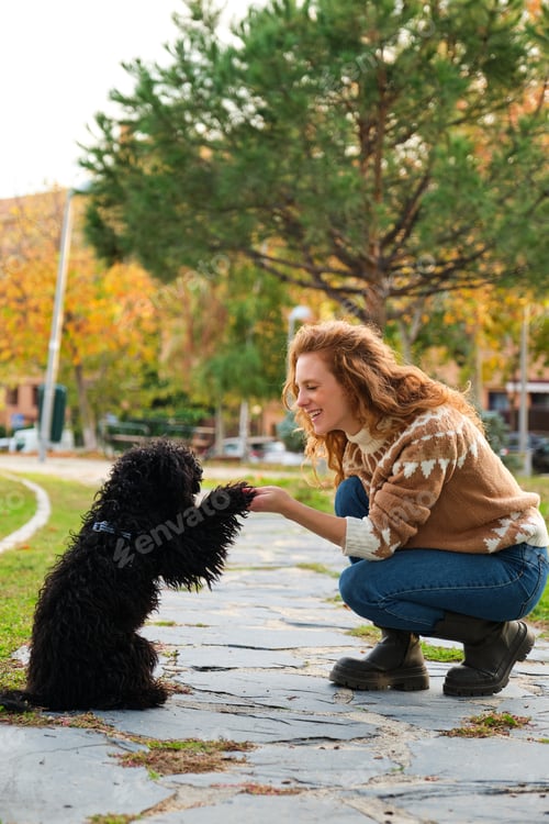 Preview: Young caucasian woman training her black puppy poodle dog to give a paw.