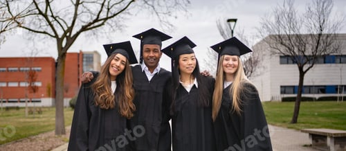 Preview: Four happy multi-ethnic graduating students celebrating their graduation