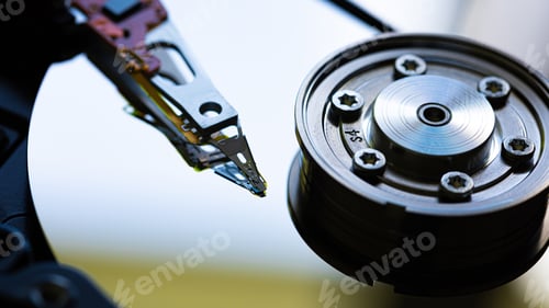 Preview: Macro Close up of inside of magnetic Hard Disc Drive