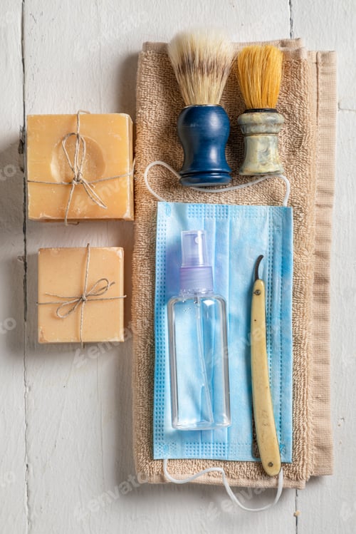 Preview: Vintage shaving set and medical mask in covid-19 pandemic