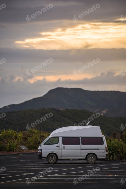 Preview: Campervan at sunrise at Cape Reinga (Te Rerenga Wairua), Northland, New Zealand