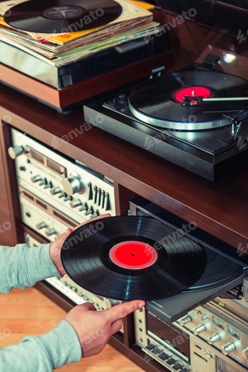 Preview: Set of audio equipment, record players, amplifiers, radio. Vinyl records. Turntable record player