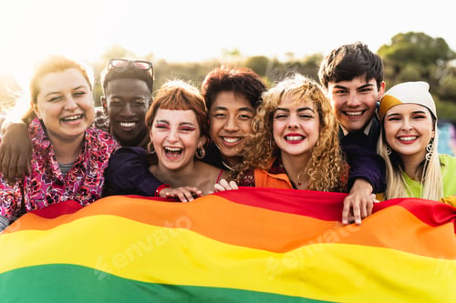 Preview: Diverse young friends celebrating gay pride festival - LGBTQ community concept