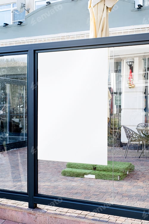 Preview: Cafe exterior in loft style in the street, white blank poster for mockup