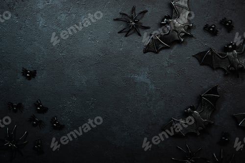 Preview: Happy Halloween black background with bats and spiders with copy space
