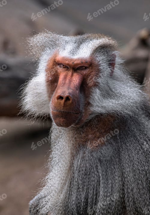 Preview: Vertical selective focus of a cute baboon monkey in its habitat