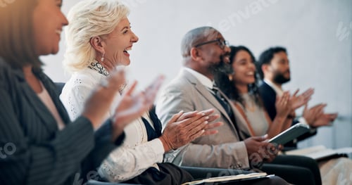 Preview: Business, applause and audience in seminar, celebration and colleagues in workshop for training and