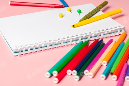 Preview: Colorful felt tip pens with blank notepad paper on pink pastel background