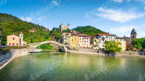 Preview: Old Bridge, church and castle in Dolceacqua. Province of Imperia, Liguria region, Italy