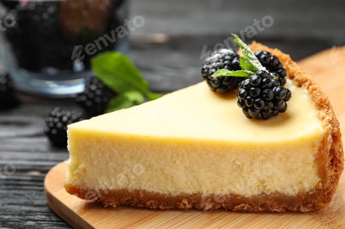 Preview: Piece of delicious cheesecake with blackberries on table, closeup