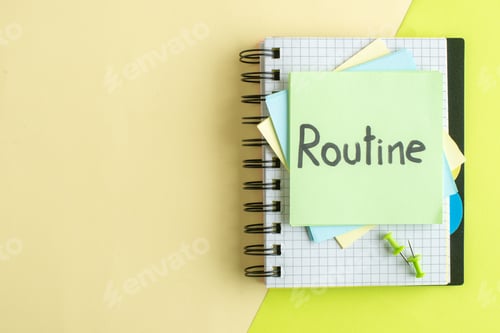 Preview: top view routine written note on stickers with notepads on yellow-green background college job