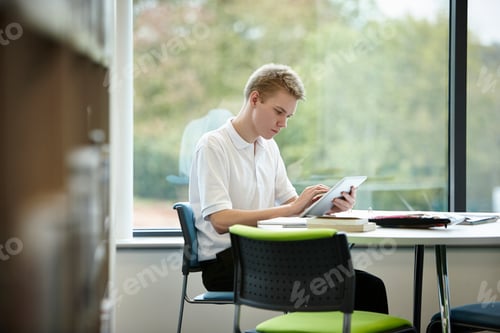 Preview: Teenage boy using digital tablet in library