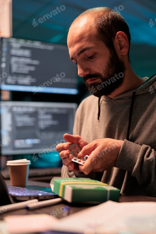 Preview: Software developer taking medicine pills from box