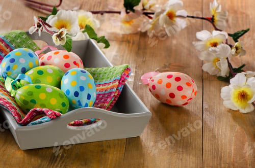 Preview: Easter Eggs In Wooden Box On A Wooden Background.