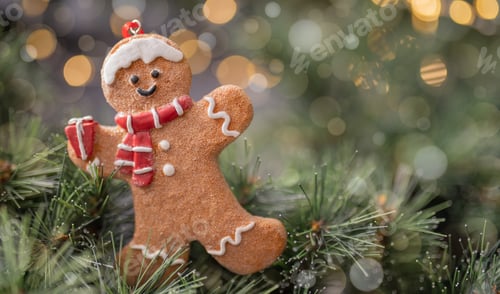 Preview: Gingerbread cookie on a fir tree. Beautiful background with copy space.