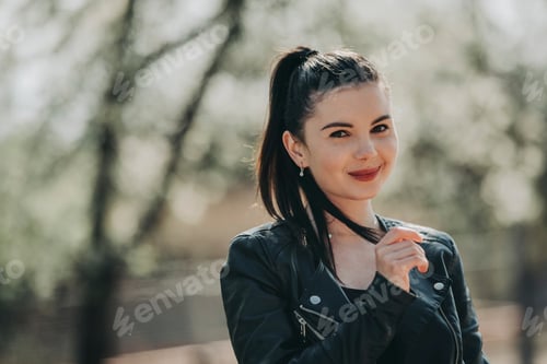 Preview: Portrait of candid authentic zoomer girl by spring season mood among flowering trees outdoor