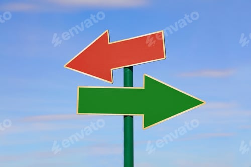 Preview: Road sign with two different arrows over blue sky