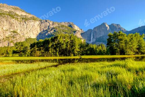 Preview: Meadow with flooded boardwalk and Yosemite Falls