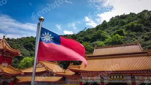 Preview: Flag near ornate building and green hillside