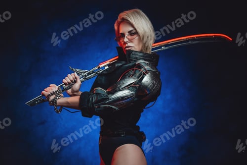 Preview: Futuristic woman with cybernetic hand and sword in dark background