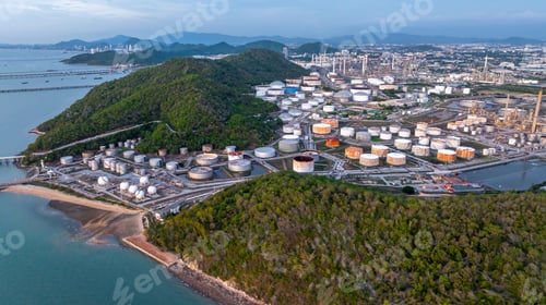 Preview: Aerial view oil and gas refinery plant at night, Global business energy logistic transportation