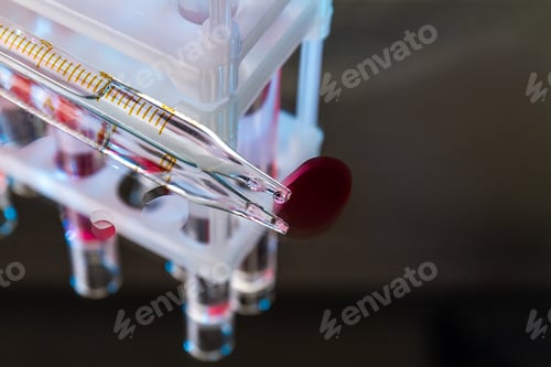 Preview: Glass pipette with blood on reflective surface.