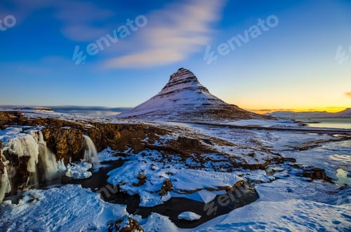 Preview: Kirkjufellsfoss Waterfall with Kirkjufell mountain at sunrise, Iceland