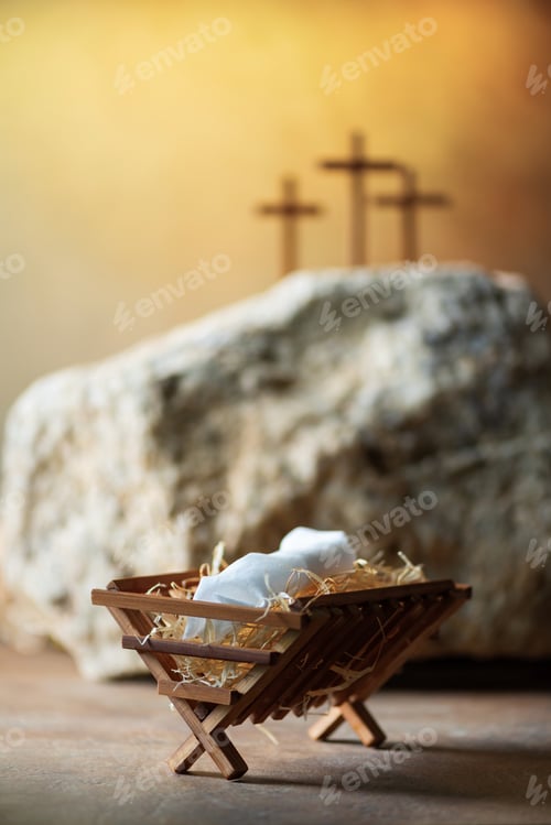 Preview: Christian Christmas, Easter concept. Born to Die, Born to Rise. Wooden manger, three crosses