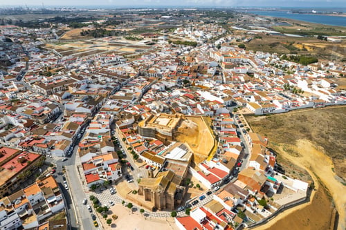Preview: Aerial drone panorama of Palos de la Frontiera cityscape, Huelva, Spain