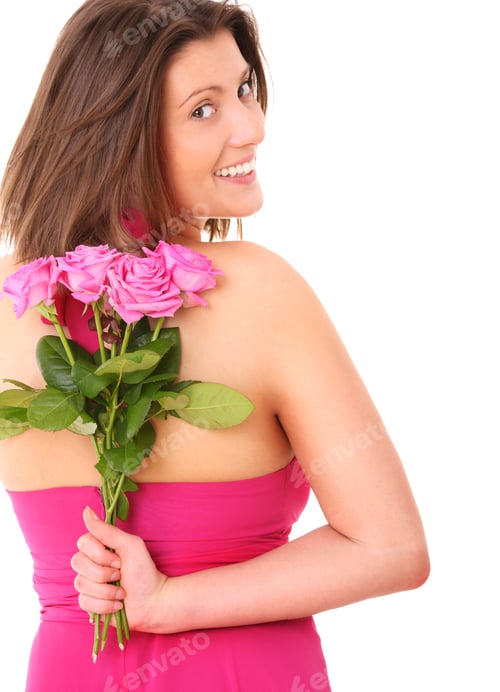 Preview: Beautiful Woman with Pink Roses Smiling Backwards