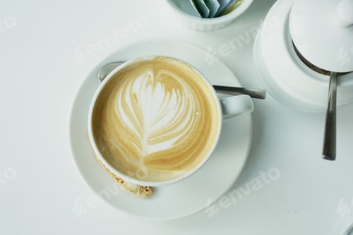 Preview: a cup of late coffee with flower shape design on top at cafe