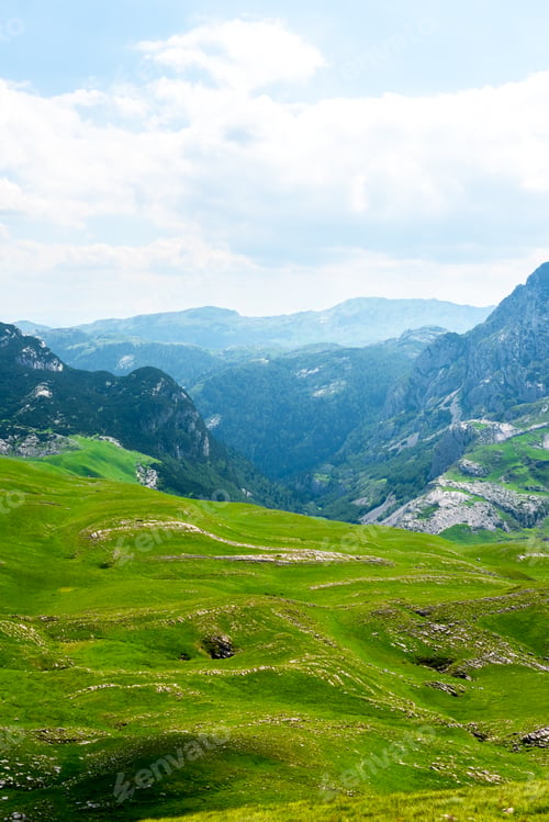Preview: landscape of green valley and mountains in Durmitor massif, Montenegro
