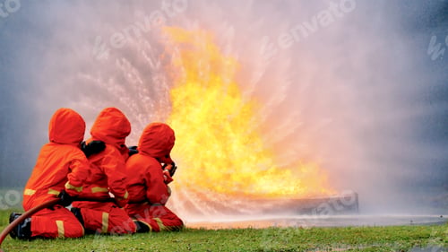 Preview: Firefighter fighting with flame using fire hose chemical water foam spray engine. Fireman hard hat