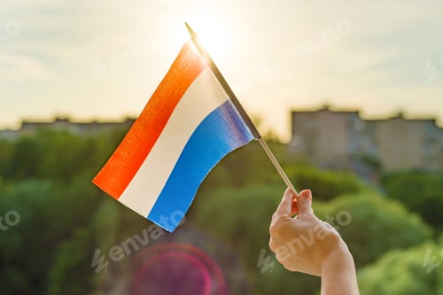 Preview: Hand holds Netherlands flag an open window. Background blue sky, silhouette of the city, sunset