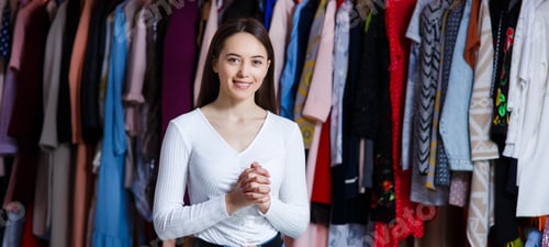Preview: Front view look forward happy look holding hands crossed fingers young teen girl in clothing store.