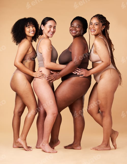 Preview: Body, skin and diversity women portrait in studio for inclusion, beauty and power. Underwear model
