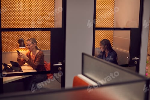 Preview: Businesswomen Working Late In Individual Office Cubicles Using Laptop And Digital Tablet