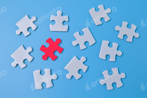 Preview: Unique red piece of puzzle among white puzzles. Society, social group, leadership qualities