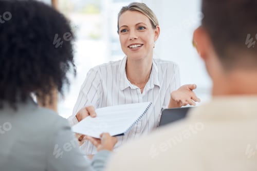 Preview: Report, meeting and business people in communication about a contract, deal or feedback on a compan