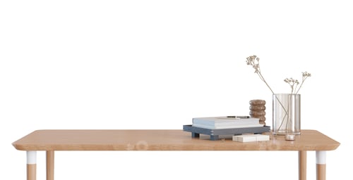 Preview: Wooden table with home accessories isolated on white background. Front view.