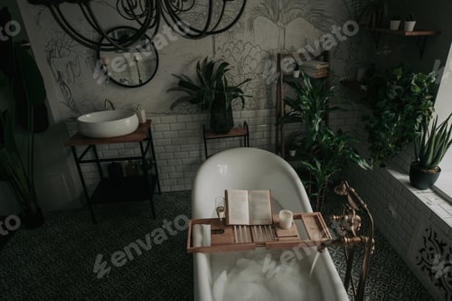 Preview: Luxury interior of eco style modern bathroom with oval bathtub and book on bamboo wood tray