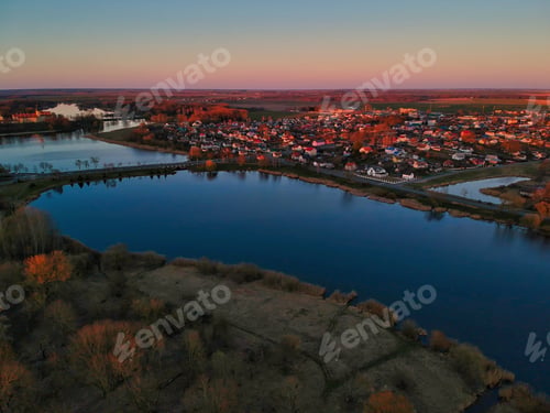 Preview: Aerial view of beautiful Nesvizh, Minsk, Belarus in the sunset