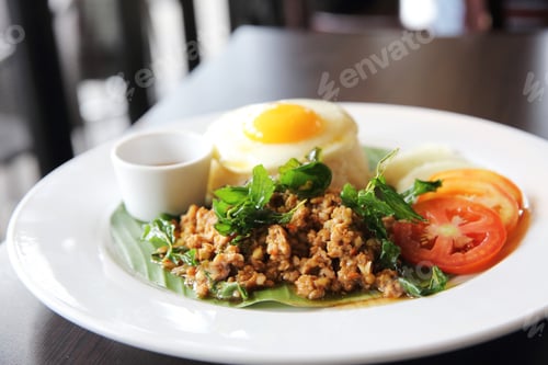 Preview: Thai Food Rice Topped With Stir Fried Pork And Basil