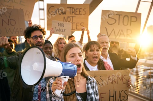 Preview: Woman with megaphone in protest group activist people demonstrate together shouting against wars.
