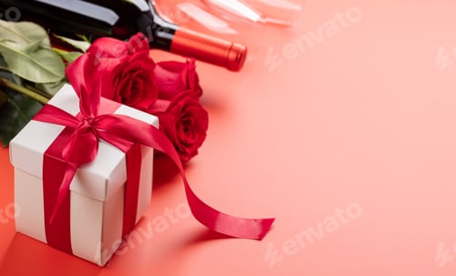Preview: Valentines day card with wine, rose flowers and gift box