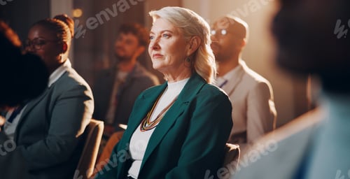 Preview: Business woman, audience and development for conference, presentation and global seminar with diver