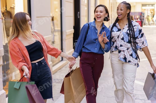 Preview: Cheerful diverse women with shopping bags meeting on street