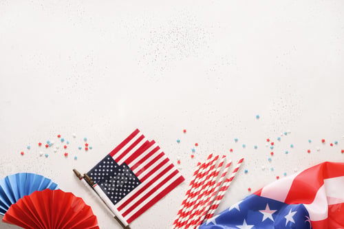 Preview: USA holiday banner with american flag,confetti stars. Happy Independence day.