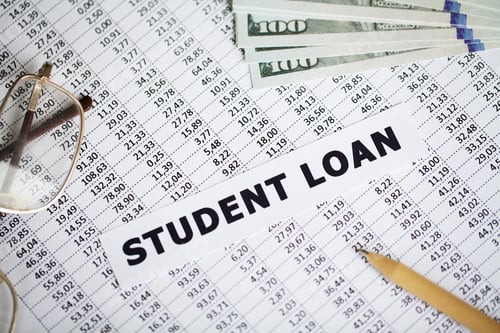 Preview: Credit concept. Student loan written on white card.